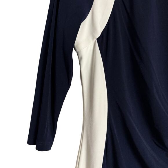 Glamour Navy White Ruched 3/4 Sleeve Colorblock Sheath Dress Size 4 Petite - Picture 5 of 10